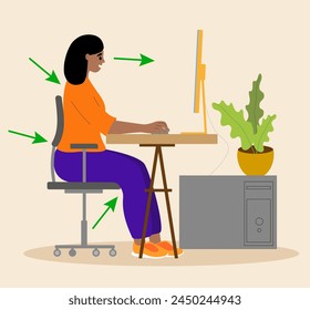 La postura correcta correcta para sentarse en el escritorio de la computadora. Posición correcta. Buenas posturas de espalda, cuello y piernas de la mujer en el lugar de trabajo. Ilustración vectorial