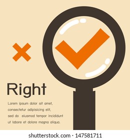 It's Right Or Correct.  Tick Right Icon On Magnifying Glass. Vector Illustration.