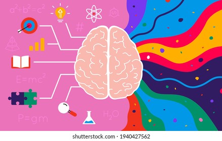 The right creative hemisphere and the left logical hemisphere of human brain - colorful concept. Vector illustration   

