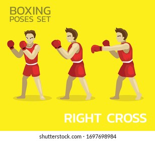 Right Cross Manga Boxing Poses Set Man Cartoon Vector Illustration