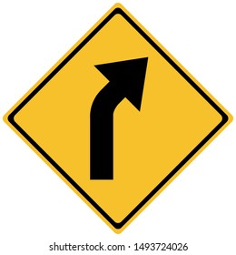 Right curve ahead traffic sign vector illustration on yellow background - warning,sign,symbol,label, print etc.