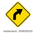 Right Curve Ahead Warning Sign Featuring a Yellow Diamond Shape with Black Arrow, Indicating an Upcoming Right Curve, Available as a Vector File