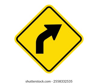 Right Curve Ahead Warning Sign Featuring a Yellow Diamond Shape with Black Arrow, Indicating an Upcoming Right Curve, Available as a Vector File