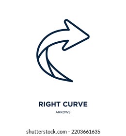 icono de curva derecha de la colección de flechas. Curva lineal delgada, abajo, icono de contorno derecho aislado en fondo blanco. Signo de curva derecha vectorial de línea, símbolo para web y móvil