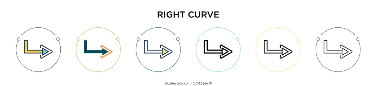 Right curve icon in filled, thin line, outline and stroke style. Vector illustration of two colored and black right curve vector icons designs can be used for mobile, ui, web