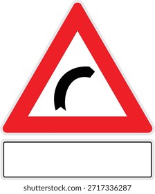 Señal de tráfico del icono de advertencia de la curva derecha que muestra el giro agudo adelante, símbolo de seguridad vial con el panel en blanco