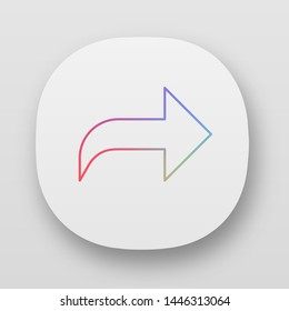 Right curved arrow app icon. Direction sign. Navigation arrowhead. Forward pointing cursor. Indicator, designator. UI/UX user interface. Web or mobile applications. Vector isolated illustrations
