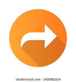 Right curved arrow flat design long shadow glyph icon. Direction sign, forward curve. Bend arrow. Motion pointer. Navigation arrowhead. Pointing cursor, designator. Vector silhouette illustration