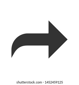 Right curved arrow glyph icon. Direction sign, forward curve. Motion pointer, designator. Navigation arrowhead. Pointing cursor. Silhouette symbol. Negative space. Vector isolated illustration