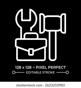 Direito ao trabalho desejável e juntar-se aos sindicatos pixel perfeito ícone da linha branca no espaço negativo. Proteção dos trabalhadores. Emprego justo. Símbolo linear monocromático sobre fundo preto. Traçado editável