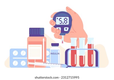 Right diabetes equipment. Glucometer device. Insulin injection. Glucose meter. Health care. Hyperglycemia illness. Pills blister and bottle. Test tube. Medical treatment