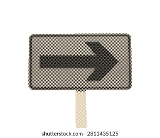 Right direction arrow sign isolated on white for navigation and guidance. Vintage retro halftone vector with circle dots pattern isolated on transp...