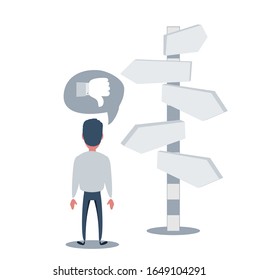 Right direction. A businessman looks at arrows pointing to many directions. Concept business vector illustration