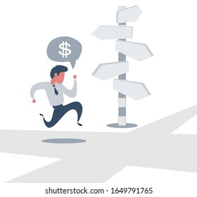 Right direction. A businessman looks at arrows pointing to many directions. Concept business vector illustration