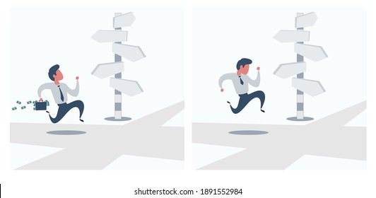 Right direction. A businessman looks at arrows pointing to many directions. Concept business vector illustration