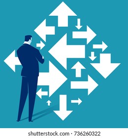 Right direction. A businessman looks at arrows pointing to many directions. Concept business vector illustration