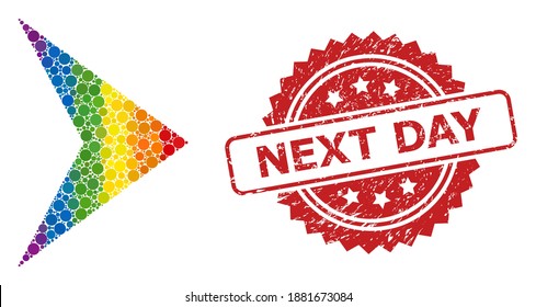 Right direction collage icon of round blots in different sizes and rainbow colored color tints, and Next Day corroded rosette stamp. A dotted LGBT-colored Right direction for lesbians, gays,
