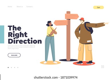 Right direction concept of landing page with man and woman choosing way on crossroad with arrows on road sign. Wrong decision making concept. Cartoon flat vector illustration