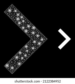 Icono de dirección derecha y modelo de dirección derecha de malla neta de destello con puntos iluminados. La constelación iluminada se crea a partir del icono del vector de dirección derecha y la malla triangulada.