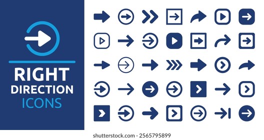 Right direction icon set. Arrows symbol vector icons collection. Use for navigation, next and forward.