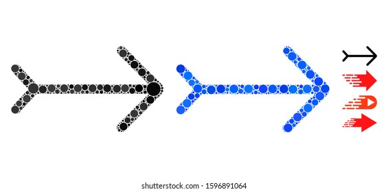 Right direction mosaic of spheric dots in variable sizes and color hues, based on right direction icon. Vector round dots are combined into blue collage.