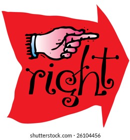 Right direction sign with hand and typography