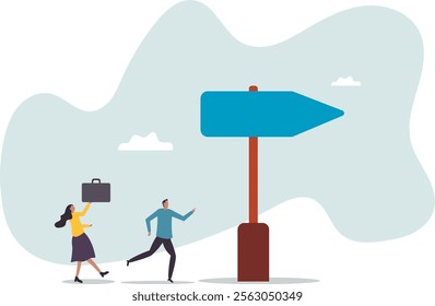 Right direction to success, strategy or plan to go in correct path, challenge or leadership to guide career path, new opportunity.business concept.flat character.
