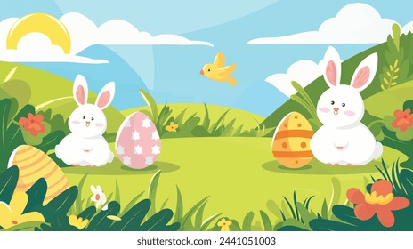 right easter background featuring easter bunny, easter eggs and spring time scene - vector for egg hunt design. Easter landscape with spring flowers.