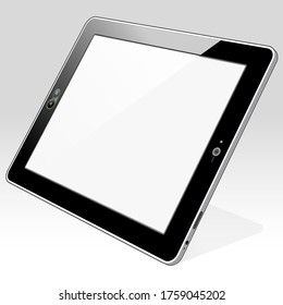 A right edge front angle view of a Tablet PC presenting a blank screen. 