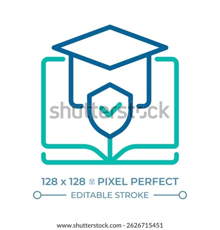 Right to education pixel perfect two color line icon. Open textbook with mortarboard. Equal access to learning bicolor outline symbol. Duotone linear pictogram. Isolated illustration. Editable stroke
