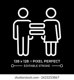 Right to equality pixel perfect white line icon in negative space. Equal opportunities and freedoms genders. Law regulation authority. Monochrome linear symbol on black background. Editable stroke