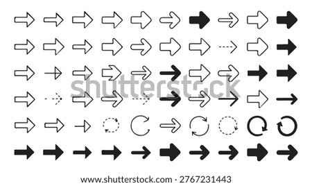 Right facing arrow icons, simple outline and filled styles for web development and print media.