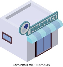 Derecha, no hay línea principal. Ilustración de un edificio de farmacia de estilo 3D isométrico. Concepto médico.