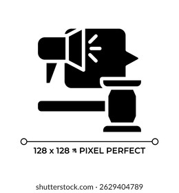 Right to fair public hearing pixel perfect glyph solid icon. Access to equal trail. Court witness listening process. Black silhouette symbol on negative space. Vector isolated illustration