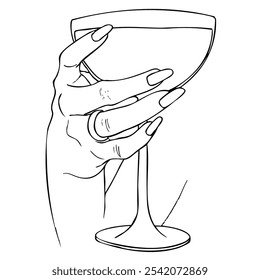 right female hand with a ring on the ring finger holds a full round glass on a long stem - hand drawn line art. hand with a drink