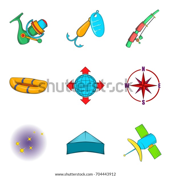 Right of\
fishing icons set. Cartoon set of 9 right of fishing vector icons\
for web isolated on white\
background