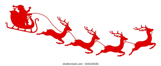 To The Right Flying Curved Christmas Sleigh Santa And Four Reindeers Red