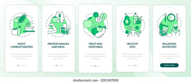 Right food for exercises green onboarding mobile app screen. Dieting walkthrough 5 steps graphic instructions pages with linear concepts. UI, UX, GUI template. Myriad Pro-Bold, Regular fonts used
