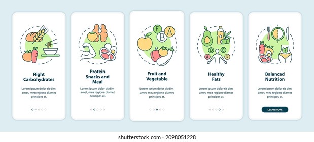 Right food for exercises onboarding mobile app screen. Diet walkthrough 5 steps graphic instructions pages with linear concepts. UI, UX, GUI template. Myriad Pro-Bold, Regular fonts used