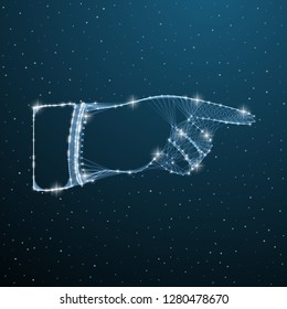 Right forefinger pointing polygonal concept. Pointing hand finger touching a starry sky or space button. Vector illustration low poly wireframe hand with line, dot and stars