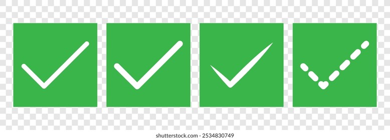 Correcto, garrapata verde, marcas de verificación establecidas. Aprobado, sí, aceptar conjunto de símbolos de marca de verificación. Icono de casilla de verificación con la marca correcta. Ilustrador de Vector.