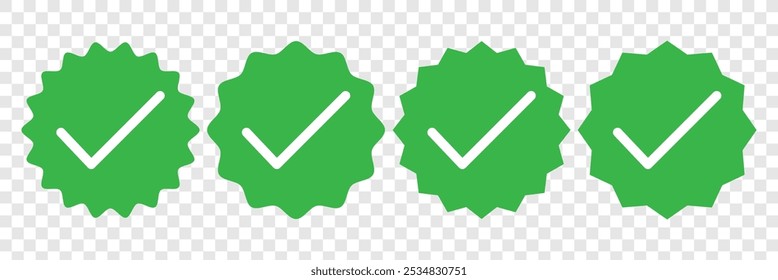 Correcto, garrapata verde, marcas de verificación establecidas. Aprobado, sí, aceptar conjunto de símbolos de marca de verificación. Icono de casilla de verificación con la marca correcta. Ilustrador de Vector.