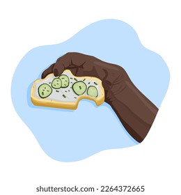La mano derecha del hombre negro y mordida de un sándwich vegano sano con pepino y cebolla de primavera sobre el pan de trigo. Punto de vista personal. Comer. Concepto aislado de vectores.