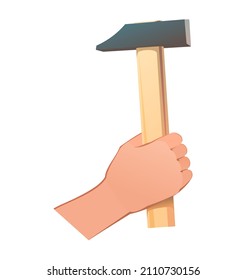 Right hand with conventional universal hammer for different types of work. Object isolated on white background. Funny cartoon style. Vector.