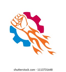 Right Hand fire blow logo with gear, Fast fist hand vector logo
