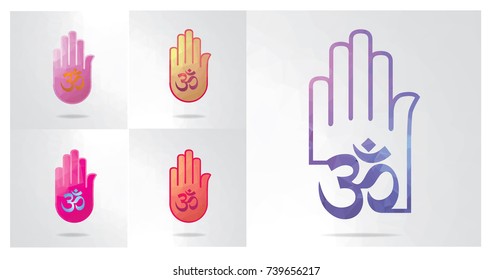 right hand god Hinduism symbol with Om symbol of Hinduism in geometric polygonal, mosaic style.