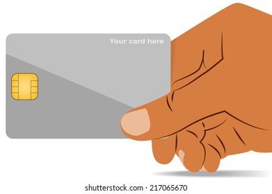 Right hand grab the blank e-card with golden chip on white background for designer or creative user.(Vector EPS10)