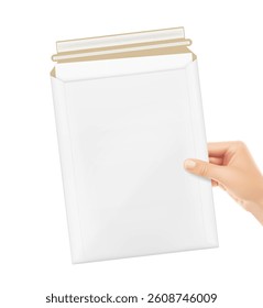 Right hand hold Blank rigid mailer mockup. Vector illustration isolated on white background. Perfect for easy customisation and editing your design. EPS10.	