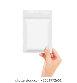 Mão direita segurar saco de saqueta resselável com fechadura zip, entalhe rasgado e fenda de furo mockup. Ilustração de vetor realista isolado no fundo branco. Embalagem para cosméticos, alimentos, animais de estimação. EPS10