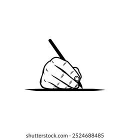 right hand holding a ballpoint pen writing front view black and white vector line art